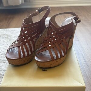 Franco Sarto Cognac Wedge Sandals – Size 8.5 – Strappy Cork Heel